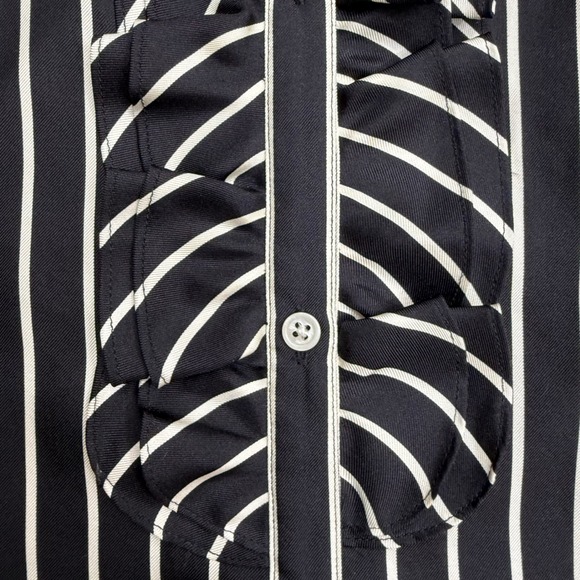 LRL Ralph Lauren Silk Black White Striped Ruffle Front Dark Coquette Goth L - Picture 3 of 15